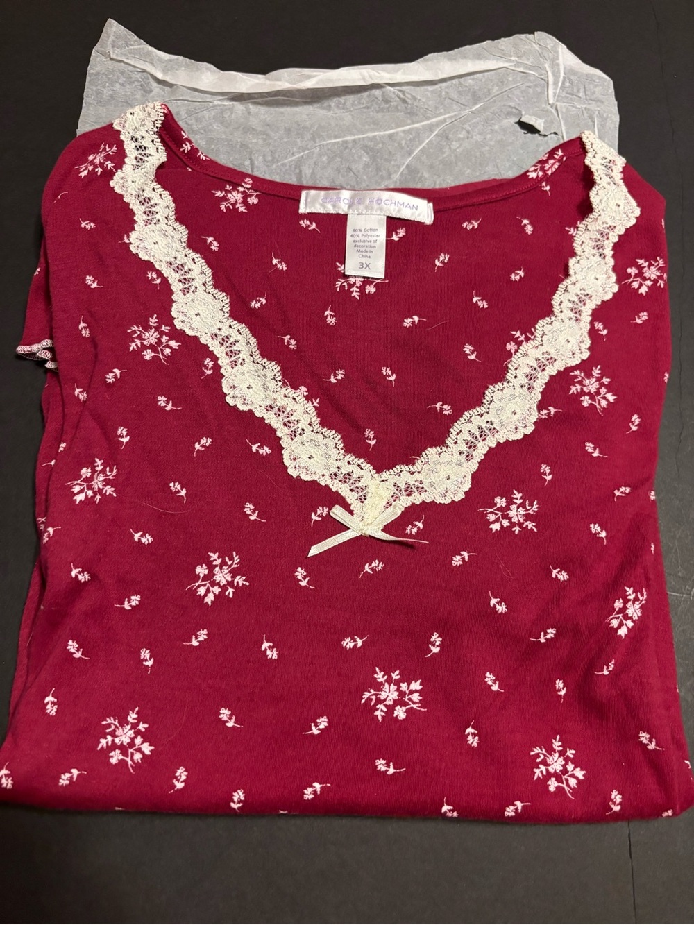 Carole Hochman Women’s 3X Burgundy Floral Lace Trim Nightgown Sleepwear